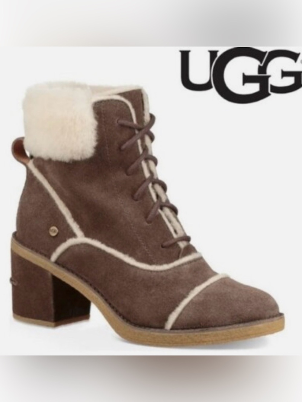 UGG Brown Suede Shearling Lace-Up Heeled Ankle Boots